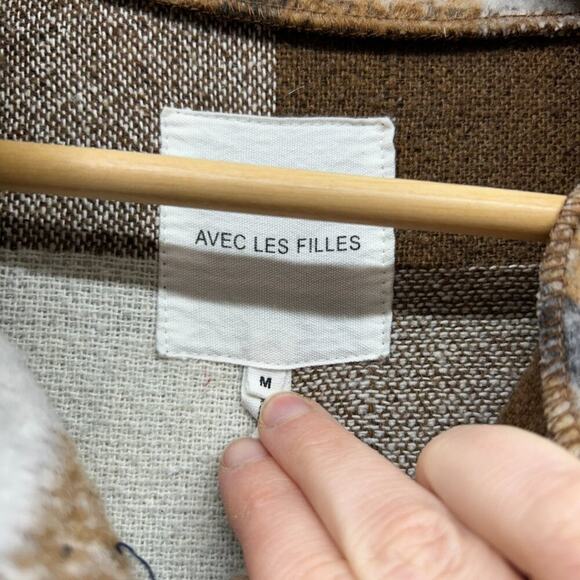 Avec Les Filles Neutral Brown White Plaid Flannel Shacket Shirt Jacket Medium - Picture 5 of 5